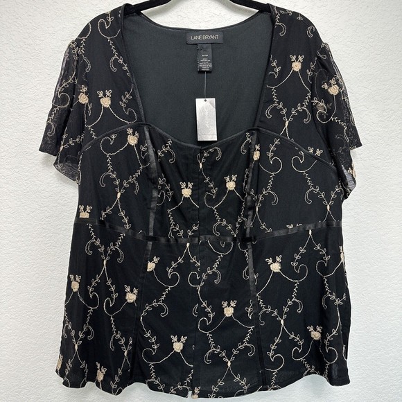 Lane Bryant Blouse Womens 22/24 Lined Corset Front Closure Embroidered Black NEW - Picture 1 of 13